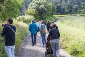 Grup passejant per un camí rural entre natura i vinyes durant una activitat amb Artium