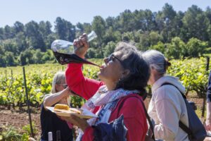 Participant bevent amb porró durant l’esmorzar entre vinyes amb Artium