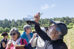 Participant tastant vi amb porró entre ceps verds a la Vinya del Jesús